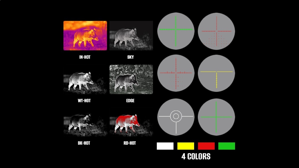 Thermal Scope Reticle and Color Mode Options Thermal scope interface showing multiple reticle styles and color options, including white hot, red hot, and edge detection modes.